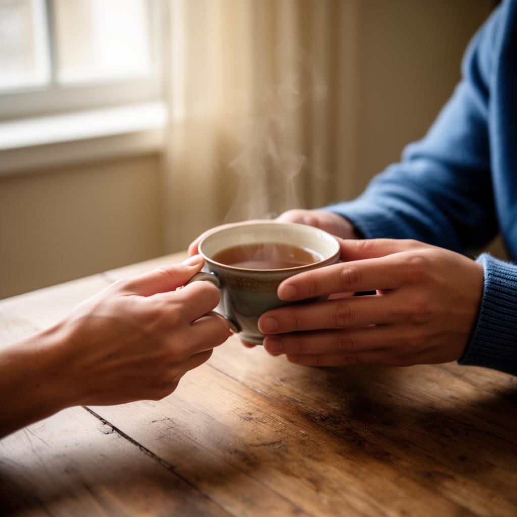 Two hands holding a cup of tea across a wooden table