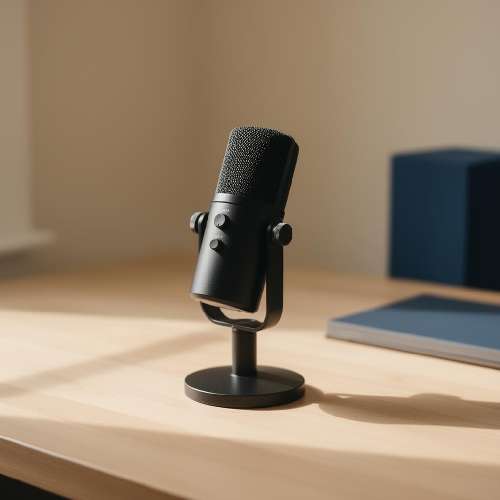 A microphone resting on a wooden desk in soft natural light