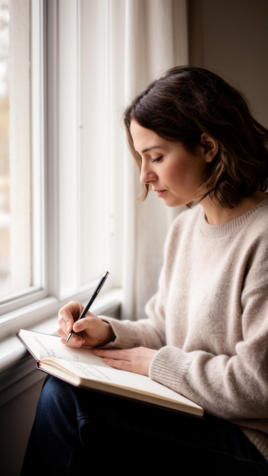 A person writing in a notebook by a window