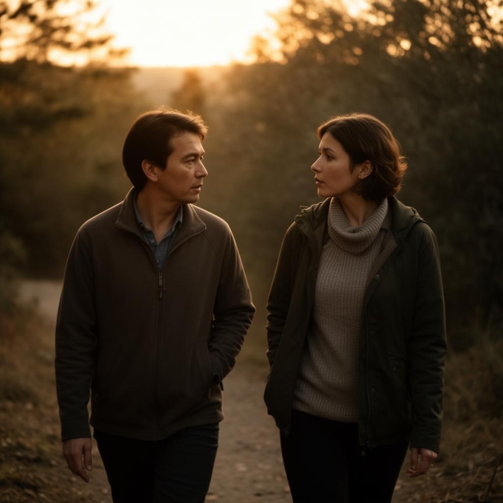 Two people in quiet conversation outdoors at golden hour